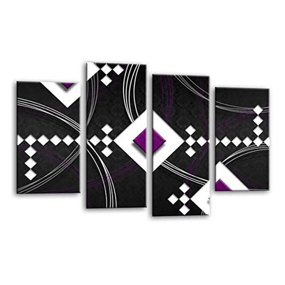 LR Abstract Wall Art Picture – Purple, Black & White Modern Framed 4 Panel Split Canvas Print | Ready to Hang | Modern Wall Art for Living Room, Bedroom & Office