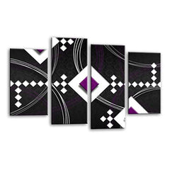 LR Abstract Wall Art Picture – Purple, Black & White Modern Framed 4 Panel Split Canvas Print | Ready to Hang | Modern Wall Art for Living Room, Bedroom & Office
