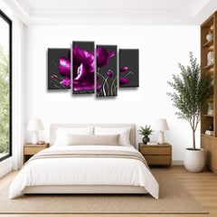 LR Floral Rose Purple Flower Wall Art Picture Framed 4 Panel Split Canvas Print | Ready to Hang | Modern Wall Art for Living Room, Bedroom & Office