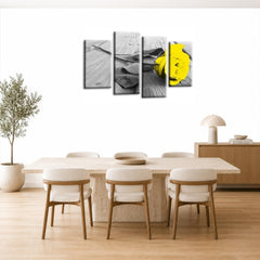 LR Floral Yellow Rose Wall Art Picture – Grey & White Framed 4 Panel Split Canvas Print | Ready to Hang | Modern Wall Art for Living Room, Bedroom & Office