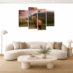 LR Large Highland Stag Wall Art Picture Framed 4 Panel Split Canvas Print | Ready to Hang | Modern Wall Art for Living Room, Bedroom & Office