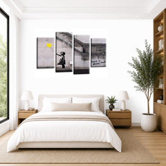 LR Banksy Wall Art Picture – Grey & Yellow Graffiti Art Framed 4 Panel Split Canvas Print | Ready to Hang | Modern Wall Art for Living Room, Bedroom & Office