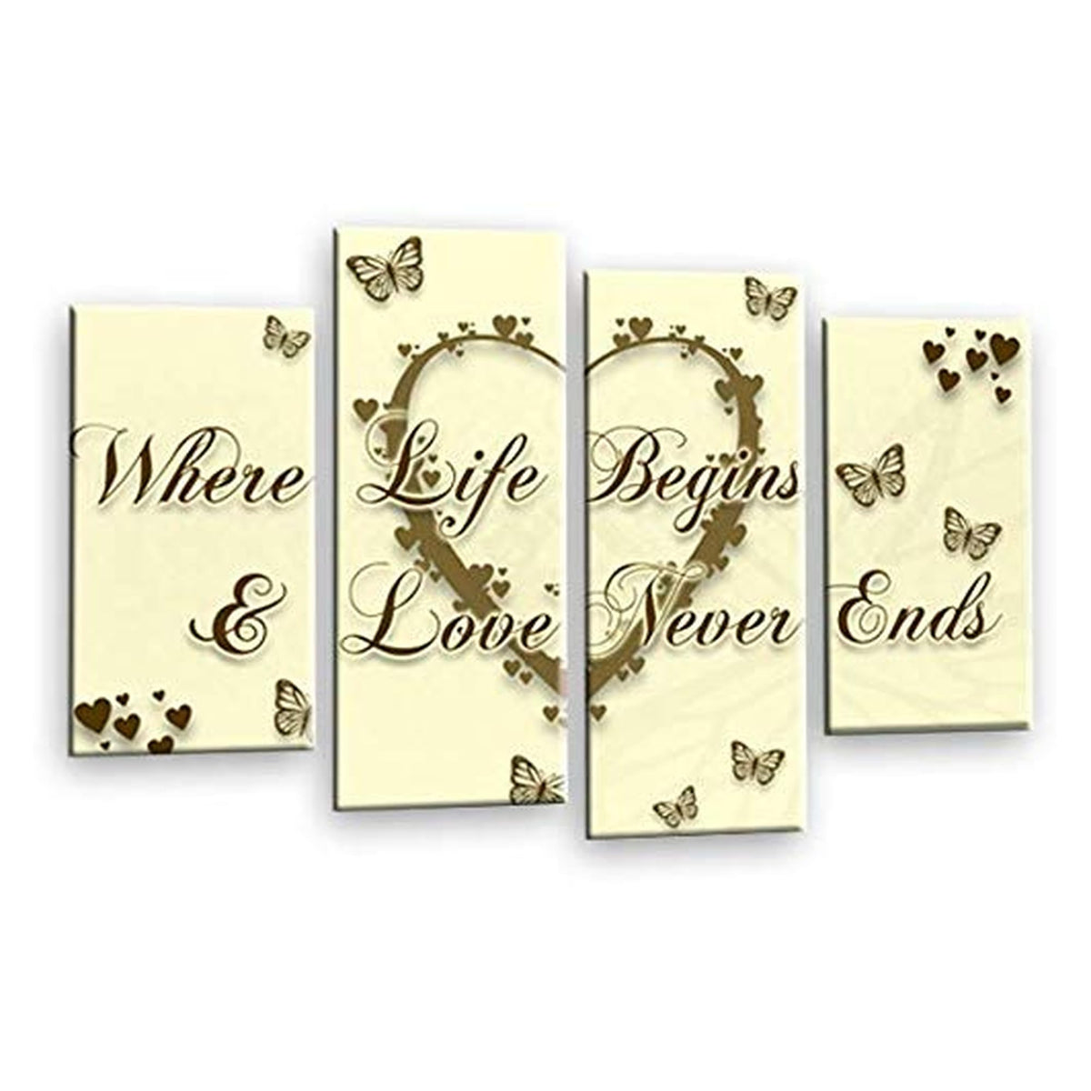 LR Love Wall Art Picture – Cream & Brown Quote Framed 4 Panel Split Canvas Print | Ready to Hang | Modern Wall Art for Living Room, Bedroom & Office