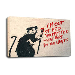 LR Framed Banksy Rat Wall Art Picture – Grey & White Graffiti Art Framed Canvas Print | Ready to Hang | Modern Wall Art for Living Room, Bedroom & Office