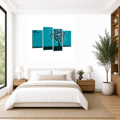 LR Floral Abstract Wall Art Picture – Grey & Teal Butterfly Framed 4 Panel Split Canvas Print | Ready to Hang | Modern Wall Art for Living Room, Bedroom & Office