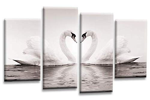 Love Heart Swans Wall Art Picture Grey White Cream Framed Kissing Canvas Split Panel Print