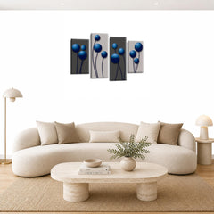 LR Blue Floral Rose Wall Art Picture – Grey Framed 4 Panel Split Canvas Print | Ready to Hang | Modern Wall Art for Living Room, Bedroom & Office