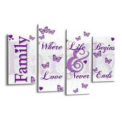 LR Family Love Quote Wall Art Picture – Purple & White Framed 4 Panel Split Canvas Print | Ready to Hang | Modern Wall Art for Living Room, Bedroom & Office