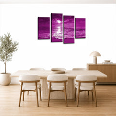 LR Sunset Beach Wall Art Picture – Purple & Cream Seascape Framed 4 Panel Split Canvas Print | Ready to Hang | Modern Wall Art for Living Room, Bedroom & Office