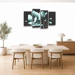 LR Floral Rose Wall Art Picture – Duck Egg Framed 4 Panel Split Canvas Print | Ready to Hang | Modern Wall Art for Living Room, Bedroom & Office