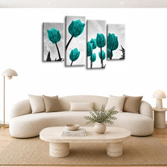 LR Floral Rose Tulip Wall Art Picture – Grey & Teal Framed 4 Panel Split Canvas Print | Ready to Hang | Modern Wall Art for Living Room, Bedroom & Office