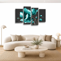 LR Floral Rose Teal Wall Art Picture Framed 4 Panel Split Canvas Print | Ready to Hang | Modern Wall Art for Living Room, Bedroom & Office