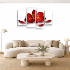 LR Floral Rose Orchid Wall Art Picture – Red & White Framed 4 Panel Split Canvas Print | Ready to Hang | Modern Wall Art for Living Room, Bedroom & Office