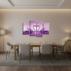 LR Love Swans Wall Art Picture – Purple & White Heart Framed 4 Panel Split Canvas Print | Ready to Hang | Modern Wall Art for Living Room, Bedroom & Office