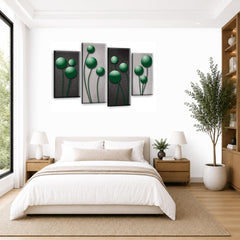 LR Green Floral Rose Wall Art Picture – Grey Framed 4 Panel Split Canvas Print | Ready to Hang | Modern Wall Art for Living Room, Bedroom & Office