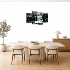 LR Waterfall Wall Art Picture – Grey, White & Duck Egg Forest Framed 4 Panel Split Canvas Print | Ready to Hang | Modern Wall Art for Living Room, Bedroom & Office