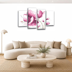 LR Floral Pink Rose Wall Art Picture – White Framed 4 Panel Split Canvas Print | Ready to Hang | Modern Wall Art for Living Room, Bedroom & Office