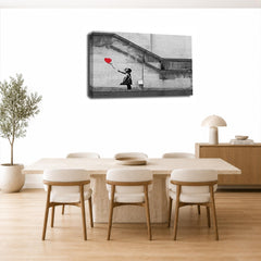 LR Banksy Balloon Girl Wall Art Picture – Grey & Red Graffiti Art Framed Canvas Print | Ready to Hang | Modern Wall Art for Living Room, Bedroom & Office