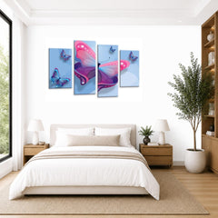 LR Butterfly Heart Wall Art Picture – Blue & Pink Floral Abstract Framed 4 Panel Split Canvas Print | Ready to Hang | Modern Wall Art for Living Room, Bedroom & Office