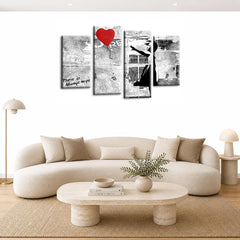 LR Banksy Heart Wall Art Picture – Grey & Red Graffiti Art Framed 4 Panel Split Canvas Print | Ready to Hang | Modern Wall Art for Living Room, Bedroom & Office