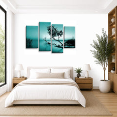 LR Sunset Landscape Lake Wall Art Picture – Teal & Brown Floral Framed 4 Panel Split Canvas Print | Ready to Hang | Modern Wall Art for Living Room, Bedroom & Office