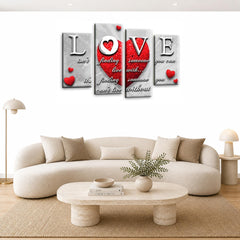 LR Red Love Heart Wall Art Picture – Grey & White Modern Abstract Framed 4 Panel Split Canvas Print | Ready to Hang | Modern Wall Art for Living Room, Bedroom & Office