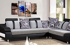 LR Floral Wall Art Picture – Grey & Blue Framed 4 Panel Split Canvas Print | Ready to Hang | Modern Wall Art for Living Room, Bedroom & Office