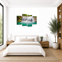 LR Waterfall Wall Art Picture – Teal, Black & White Forest Framed 4 Panel Split Canvas Print | Ready to Hang | Modern Wall Art for Living Room, Bedroom & Office
