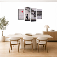 LR Banksy Wall Art Picture – Grey & Red Graffiti Art Framed 4 Panel Split Canvas Print | Ready to Hang | Modern Wall Art for Living Room, Bedroom & Office