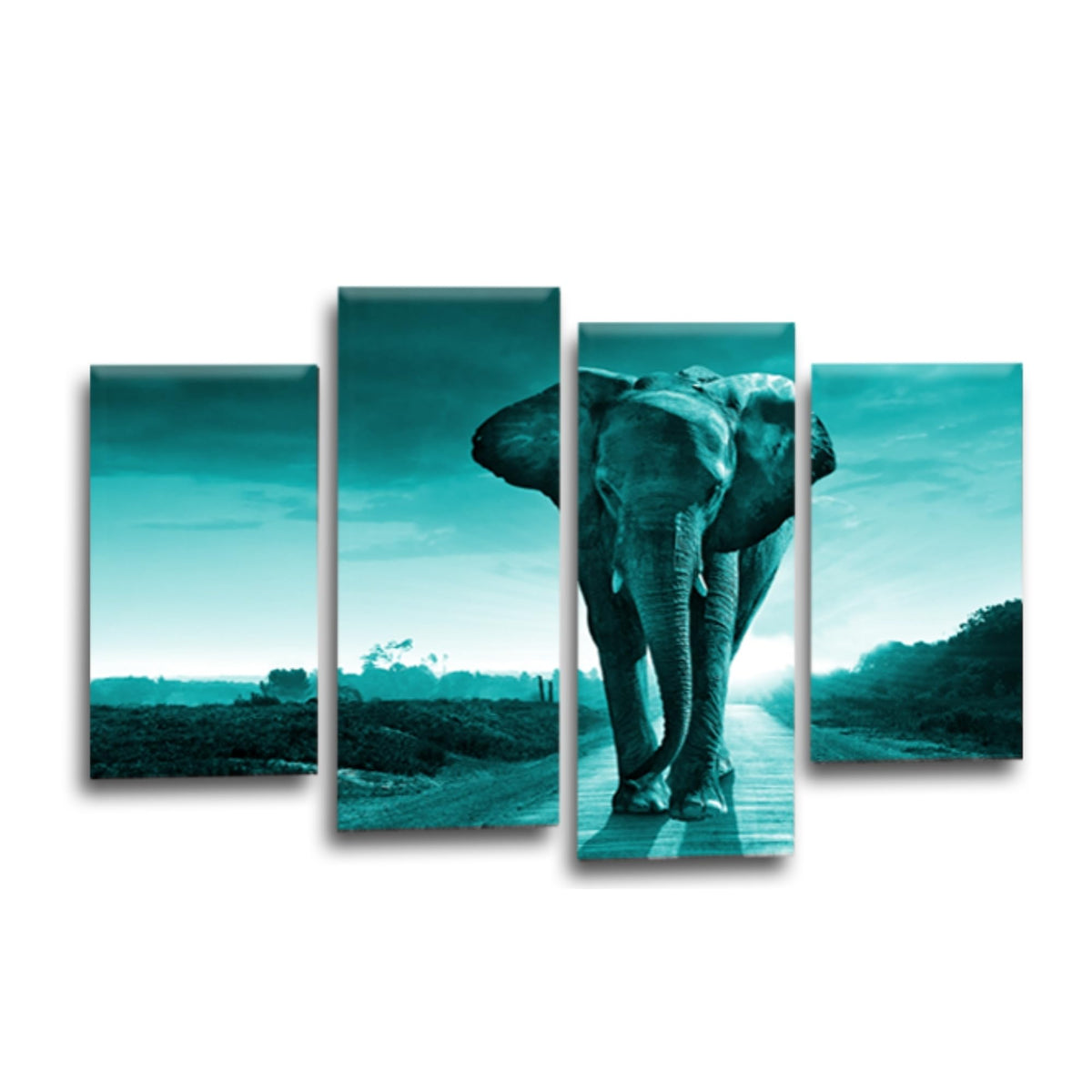LR Elephant Sunset Wall Art Picture – Grey & Teal African Framed 4 Panel Split Canvas Print | Ready to Hang | Modern Wall Art for Living Room, Bedroom & Office