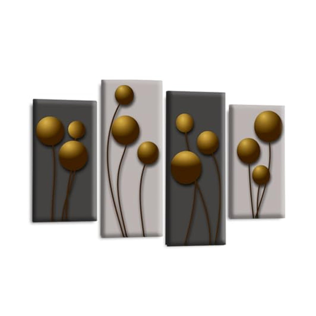 LR Gold Floral Rose Wall Art Picture – Grey Framed 4 Panel Split Canvas Print | Ready to Hang | Modern Wall Art for Living Room, Bedroom & Office