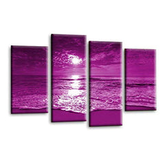 LR Sunset Beach Wall Art Picture – Purple & Cream Seascape Framed 4 Panel Split Canvas Print | Ready to Hang | Modern Wall Art for Living Room, Bedroom & Office