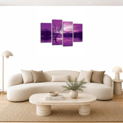 LR Landscape Lake Wall Art Picture – Purple & Cream Floral Framed 4 Panel Split Canvas Print | Ready to Hang | Modern Wall Art for Living Room, Bedroom & Office