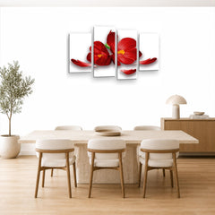 LR Floral Rose Orchid Wall Art Picture – Red & White Framed 4 Panel Split Canvas Print | Ready to Hang | Modern Wall Art for Living Room, Bedroom & Office