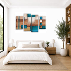 LR Teal Abstract Wall Art Picture – Cream Modern Framed 4 Panel Split Canvas Print | Ready to Hang | Modern Wall Art for Living Room, Bedroom & Office