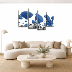 LR Floral Rose Poppy Wall Art Picture – Blue & White Framed 4 Panel Split Canvas Print | Ready to Hang | Modern Wall Art for Living Room, Bedroom & Office