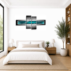 LR Teal Grey Abstract Wall Art Picture – Black Modern Framed 4 Panel Split Canvas Print | Ready to Hang | Modern Wall Art for Living Room, Bedroom & Office
