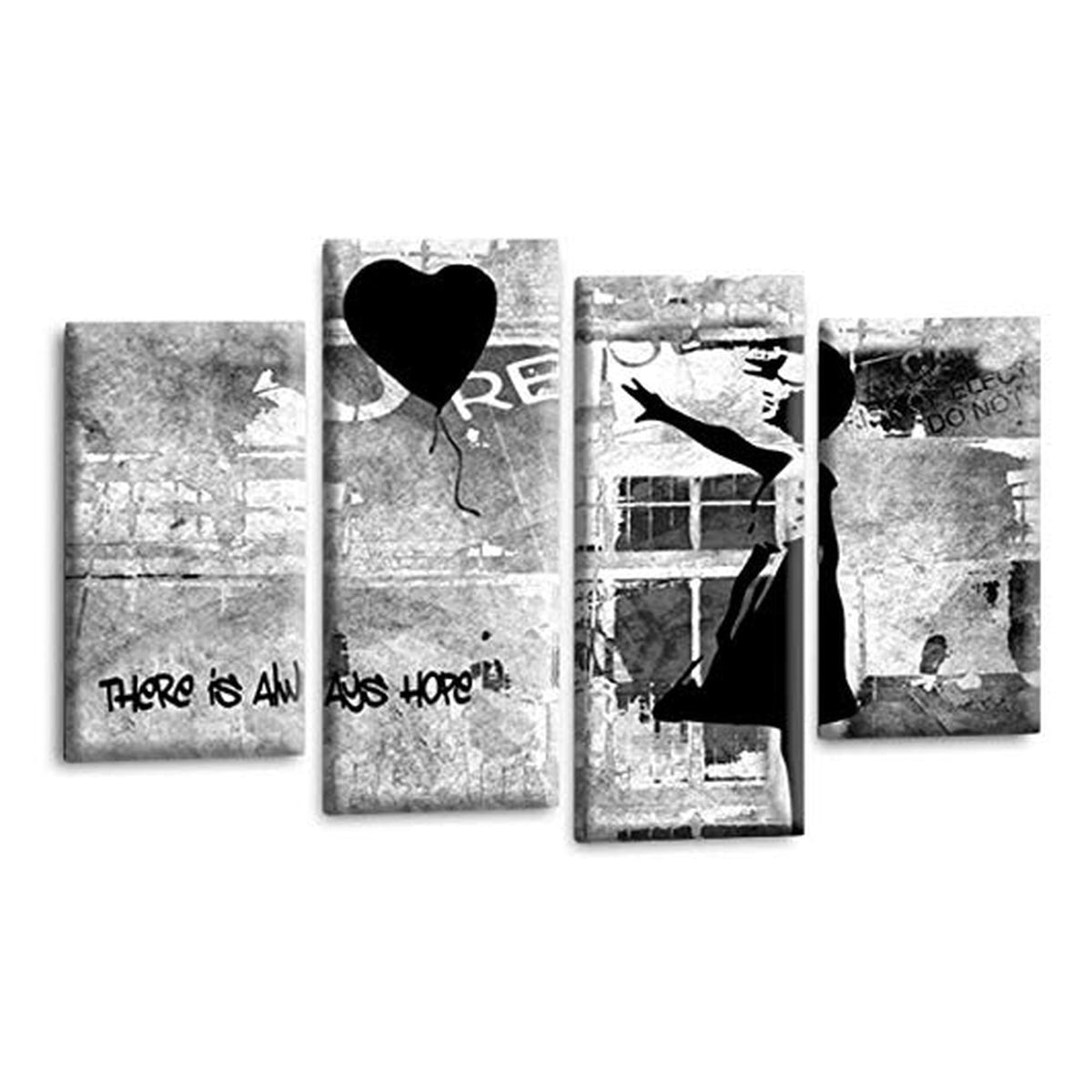 LR Banksy Heart Wall Art Picture – Grey & Black Graffiti Art Framed 4 Panel Split Canvas Print | Ready to Hang | Modern Wall Art for Living Room, Bedroom & Office