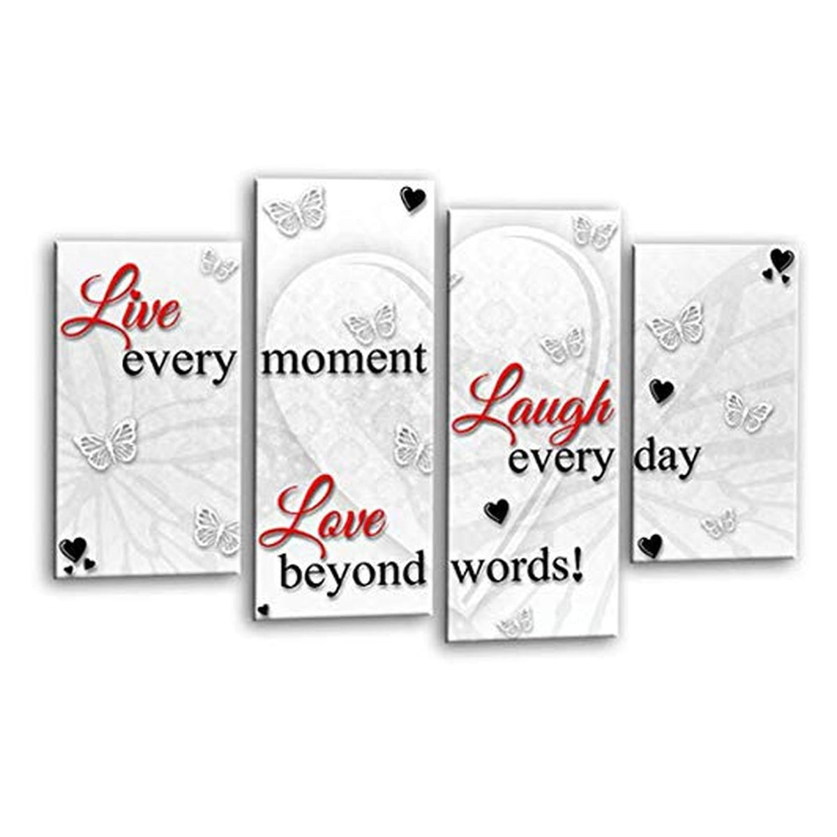 LR Live Laugh Wall Art Picture – Red & White Love Quote Framed 4 Panel Split Canvas Print | Ready to Hang | Modern Wall Art for Living Room, Bedroom & Office