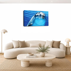 LR Swimming Blue Dolphin Wall Art Picture – Seascape Framed Canvas Print | Ready to Hang | Modern Wall Art for Living Room, Bedroom & Office