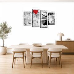 LR Banksy Heart Wall Art Picture – Grey & Red Graffiti Art Framed 4 Panel Split Canvas Print | Ready to Hang | Modern Wall Art for Living Room, Bedroom & Office