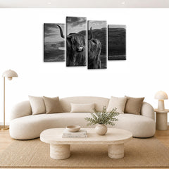 LR Large Highland Cattle Wall Art Picture Framed 4 Panel Split Canvas Print | Ready to Hang | Modern Wall Art for Living Room, Bedroom & Office
