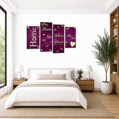 LR Home Love Quote Wall Art Picture – Purple & Cream Framed 4 Panel Split Canvas Print | Ready to Hang | Modern Wall Art for Living Room, Bedroom & Office