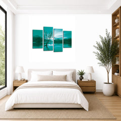 LR Landscape Lake Wall Art Picture – Teal & Brown Floral Framed 4 Panel Split Canvas Print | Ready to Hang | Modern Wall Art for Living Room, Bedroom & Office
