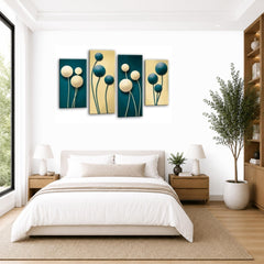 LR Floral Rose Wall Art Picture – Teal & Cream Framed 4 Panel Split Canvas Print | Ready to Hang | Modern Wall Art for Living Room, Bedroom & Office