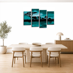 LR Elephant Sunset Wall Art Picture – Grey & Teal African Framed 4 Panel Split Canvas Print | Ready to Hang | Modern Wall Art for Living Room, Bedroom & Office