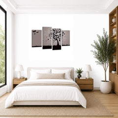 LR Floral Abstract Wall Art Picture – Grey & Black Butterfly Framed 4 Panel Split Canvas Print | Ready to Hang | Modern Wall Art for Living Room, Bedroom & Office