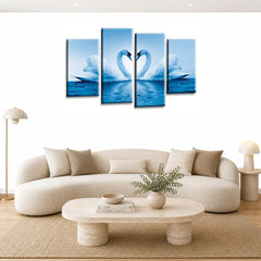 LR Love Swans Wall Art Picture – Blue & White Heart Framed 4 Panel Split Canvas Print | Ready to Hang | Modern Wall Art for Living Room, Bedroom & Office