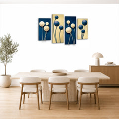 LR Floral Wall Art Picture – Blue & Cream Framed 4 Panel Split Canvas Print | Ready to Hang | Modern Wall Art for Living Room, Bedroom & Office