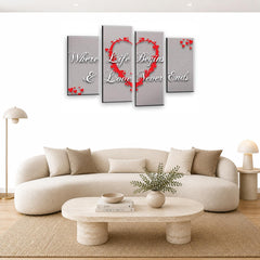 LR Love Quote Wall Art Picture – Grey & Red Framed 4 Panel Split Canvas Print | Ready to Hang | Modern Wall Art for Living Room, Bedroom & Office
